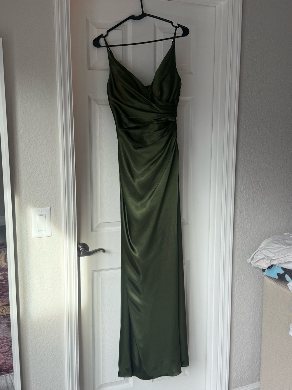 Olive Green Satin Maxi Dress with Drape Detail